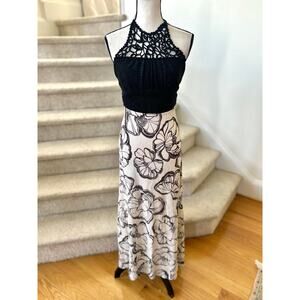 Vintage 70s Black Ribbed Metallic Knit Crochet Top Floral Maxi Skirt